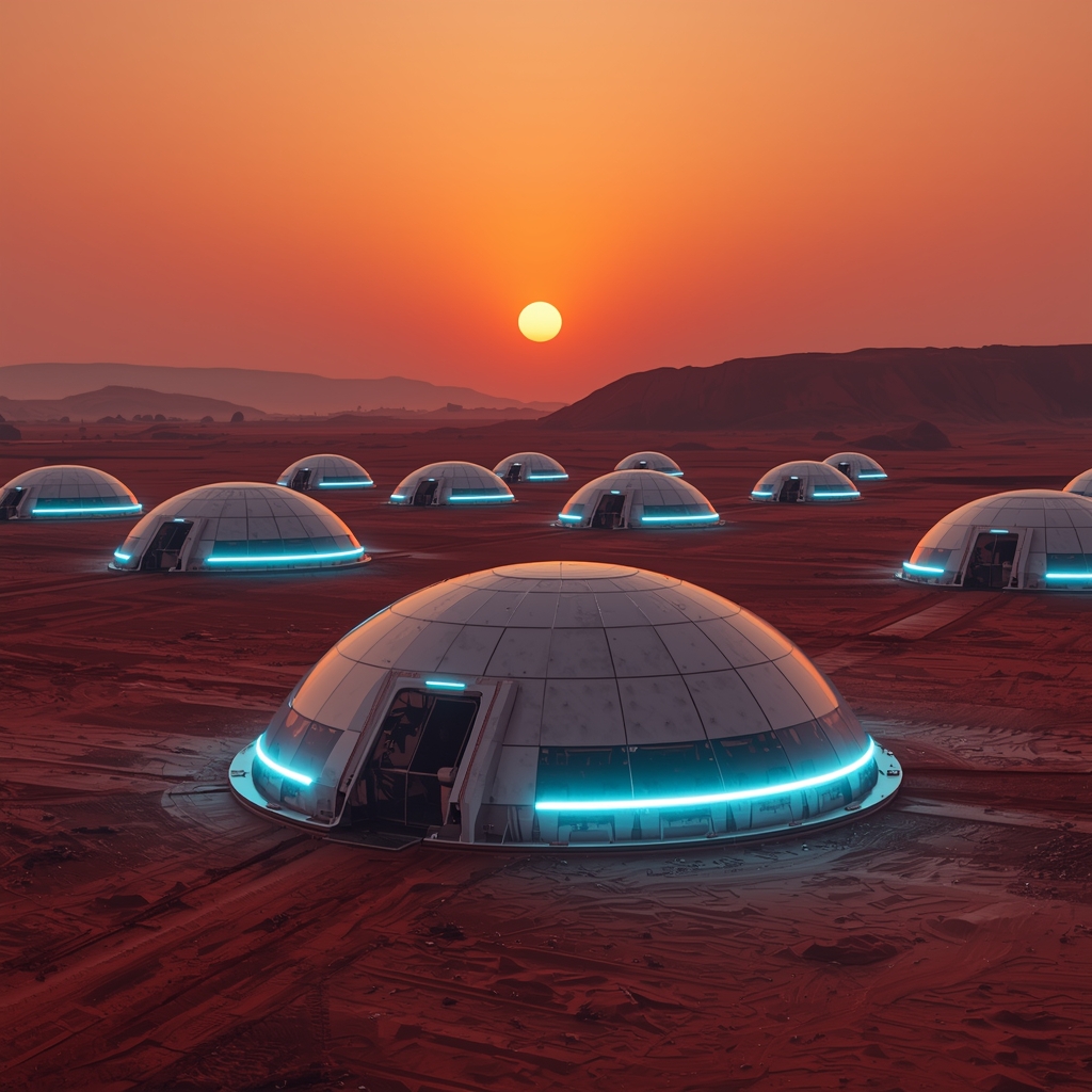 Advanced architectural spheres of a Mars colony at sunset. The red landscape is illuminated by soft blue LEDs from the domes. No people, no women. Atmospheric, premium, scientific architecture. 8k resolution.